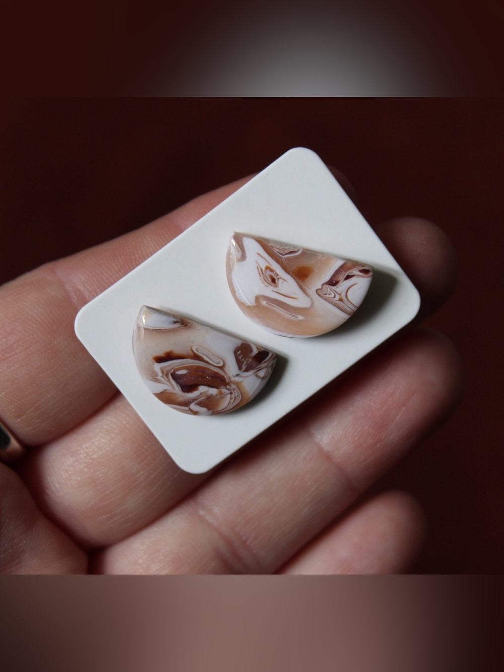 Handmade Brown & White Marbled Clay, Half-Moon Earrings - stainless steel post